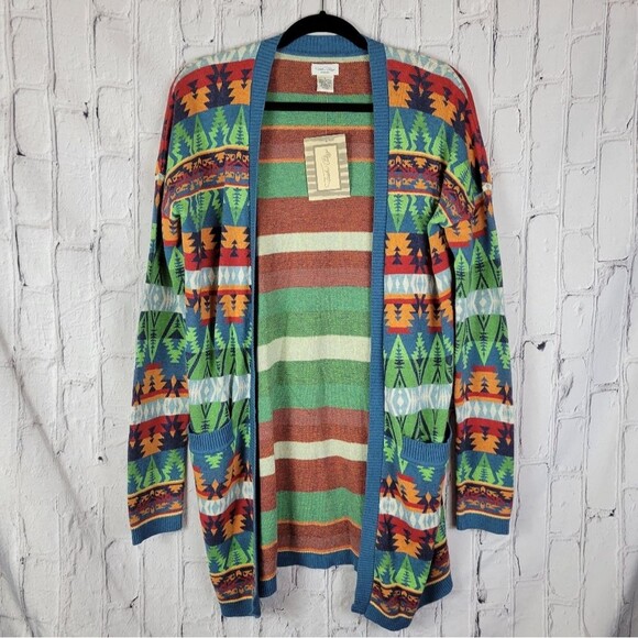 Tasha Polizzi Southwestern Print Cadet Blue Adobe Open Front Cardigan Sweater - Picture 6 of 11